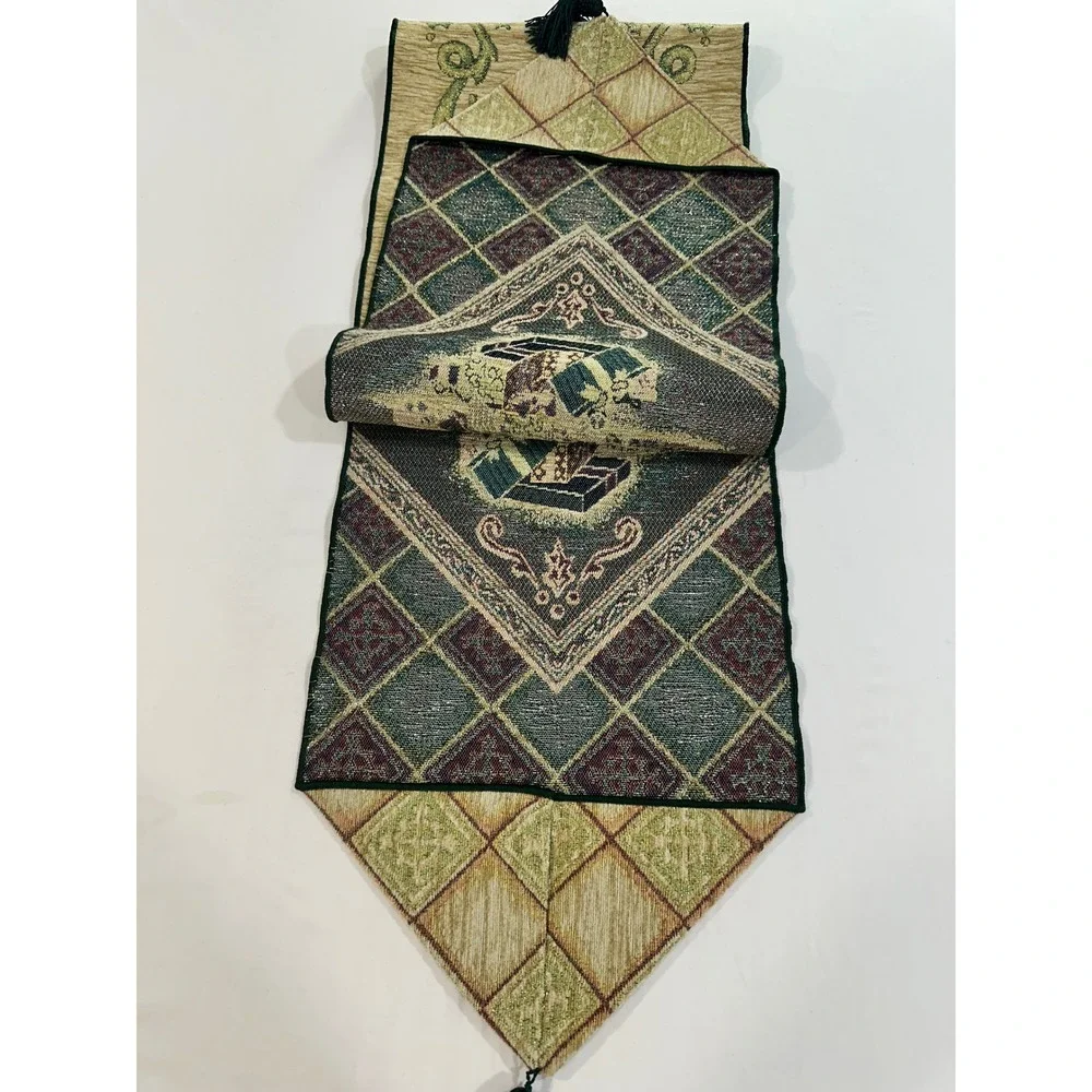 Vintage Christmas Tree Tapestry Table Runner Tassels Green Gold 70 x 12 Holiday